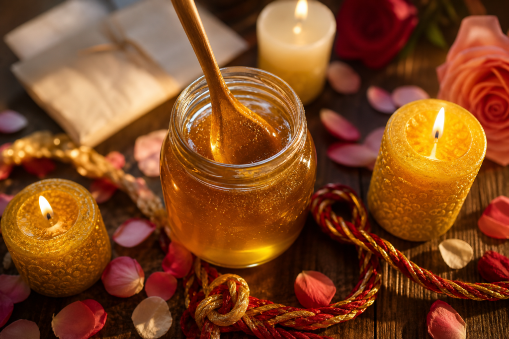 Frasco de miel dorada con cuchara de madera, velas encendidas y pétalos de rosa en un altar de amarres de amor en Hammond, IN