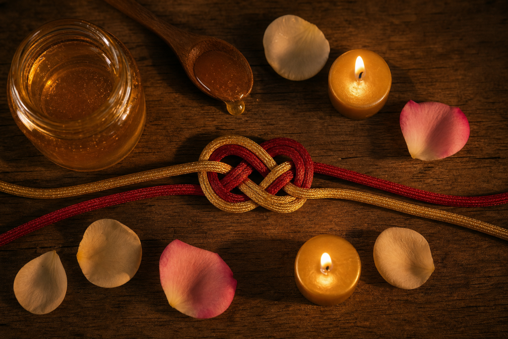 Cordón dorado y rojo anudado junto a un frasco de miel y velas encendidas, símbolo de amarres de amor en Waco, TX